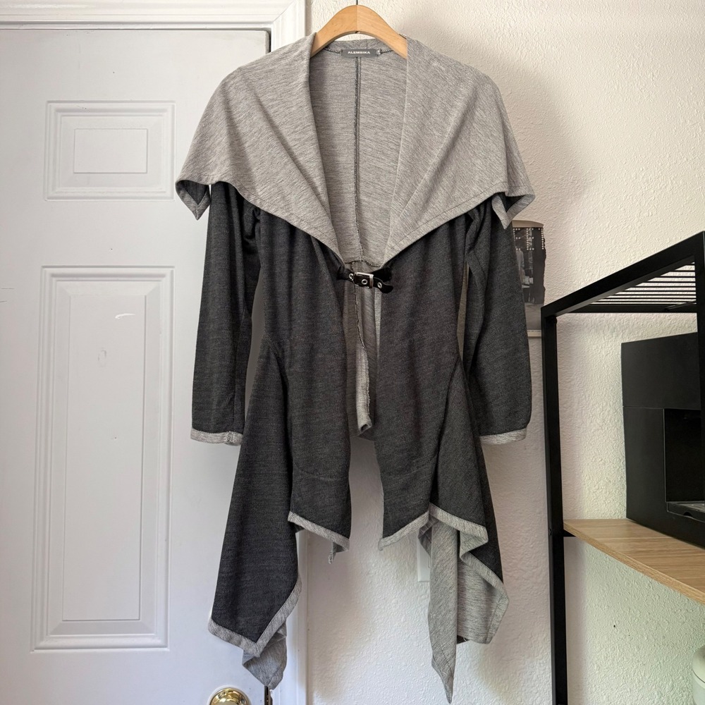 ALEMBIKA grey terry knit draped hankerchief hem‎ belted waist cardigan sweater